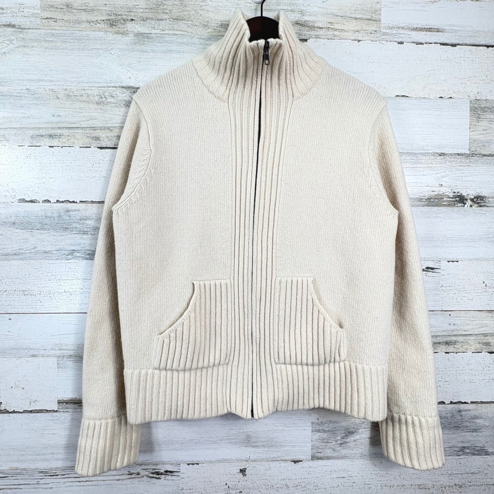 Gap Full Zip Vintage Y2K Sweater XL Cream Lambswool Angora Mock Neck Chunky